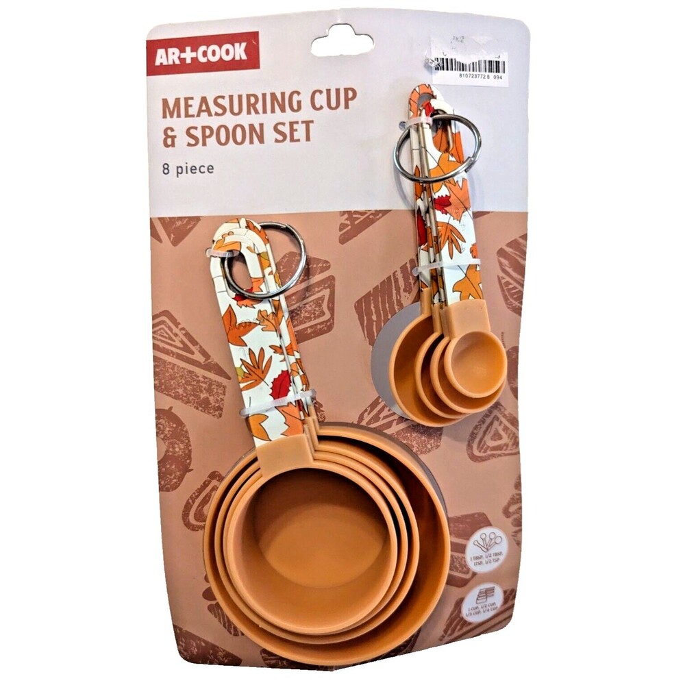 Fall Leaves Measuring Cups and Spoons Plastic Metal Handles Rings Kitchen 8-Pc